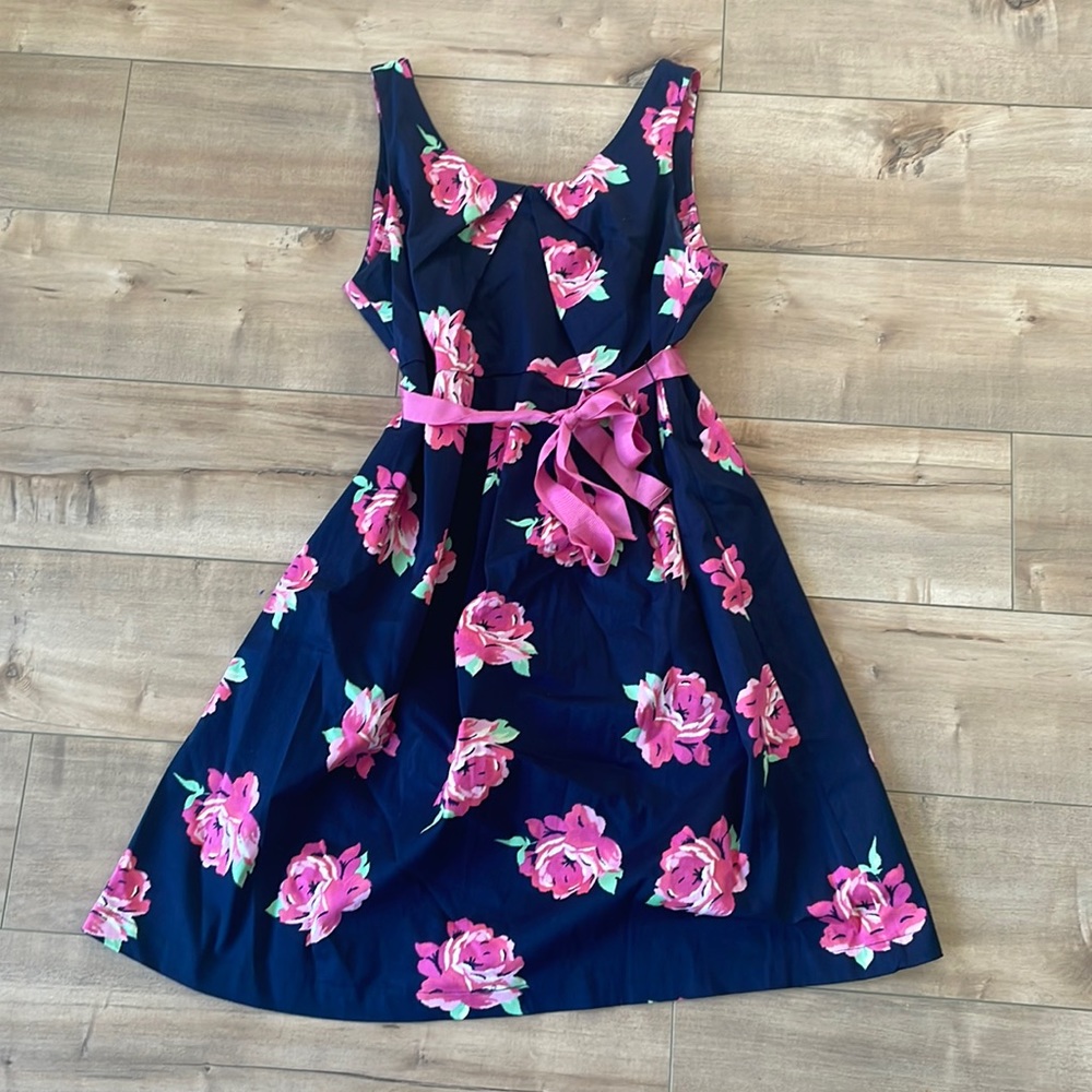 Motherhood Maternity Floral Spring Dress Navy w/ Pink Roses with belt Sz S